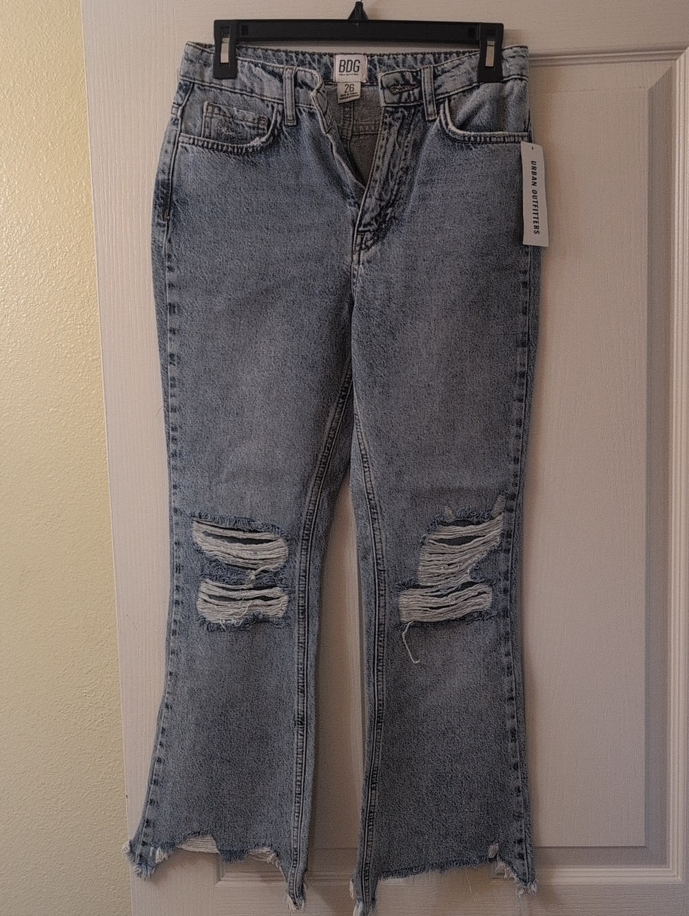 BDG Light Blue High-Rise Flare Jeans with Knee Rips